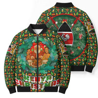Kenya Christmas Bomber Puffer Jacket with Santa Feast Scene and Festive Wreath Pattern - Wonder Print Shop