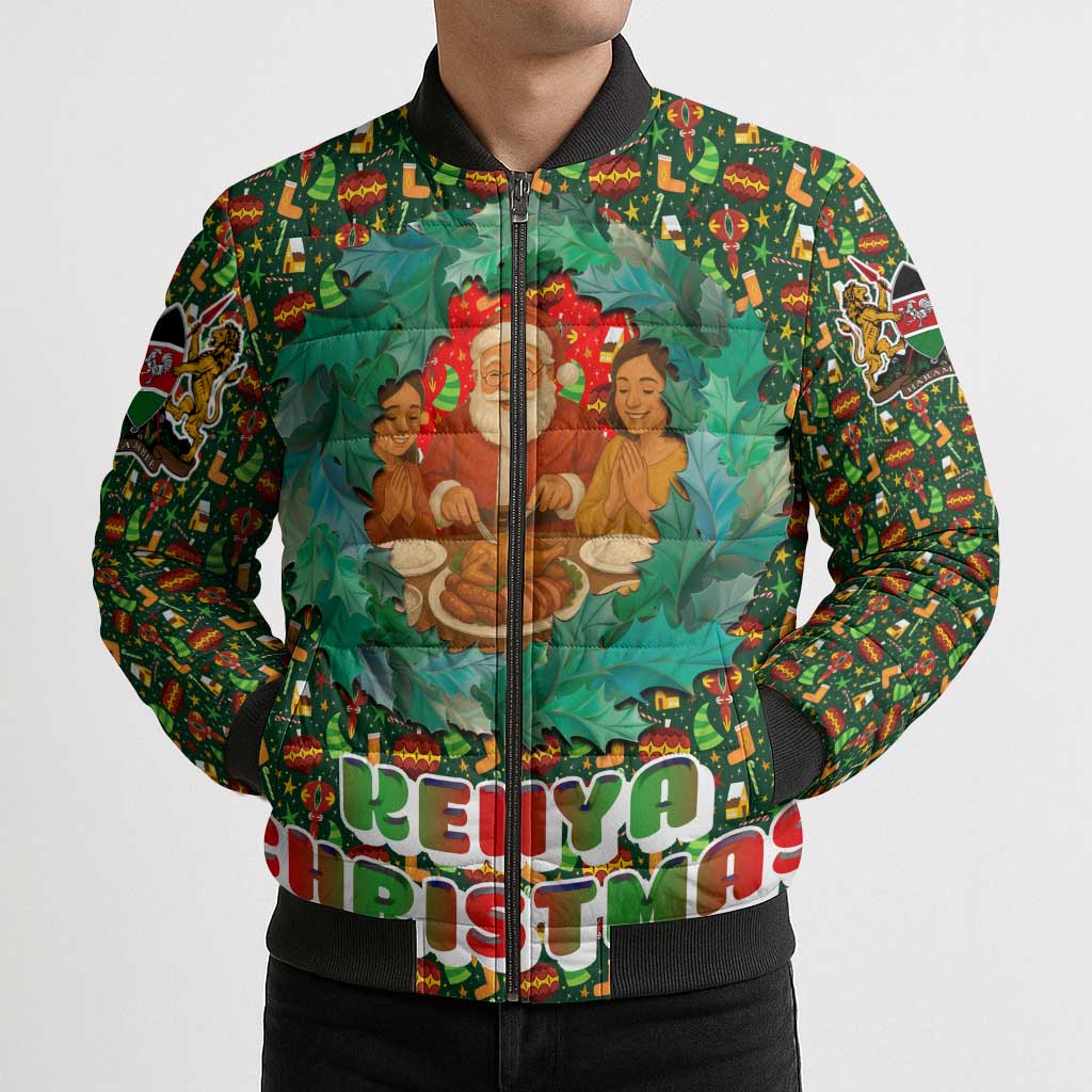 Kenya Christmas Bomber Puffer Jacket with Santa Feast Scene and Festive Wreath Pattern - Wonder Print Shop