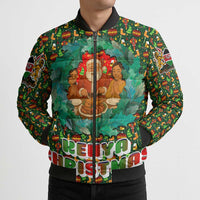 Kenya Christmas Bomber Puffer Jacket with Santa Feast Scene and Festive Wreath Pattern - Wonder Print Shop