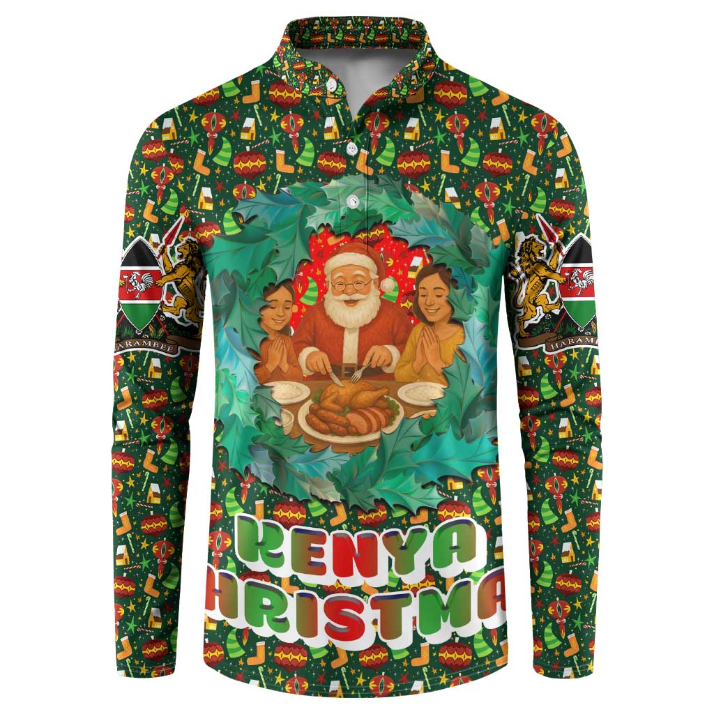 Kenya Christmas Button Sweatshirt with Santa Feast Scene and Festive Wreath Pattern - Wonder Print Shop