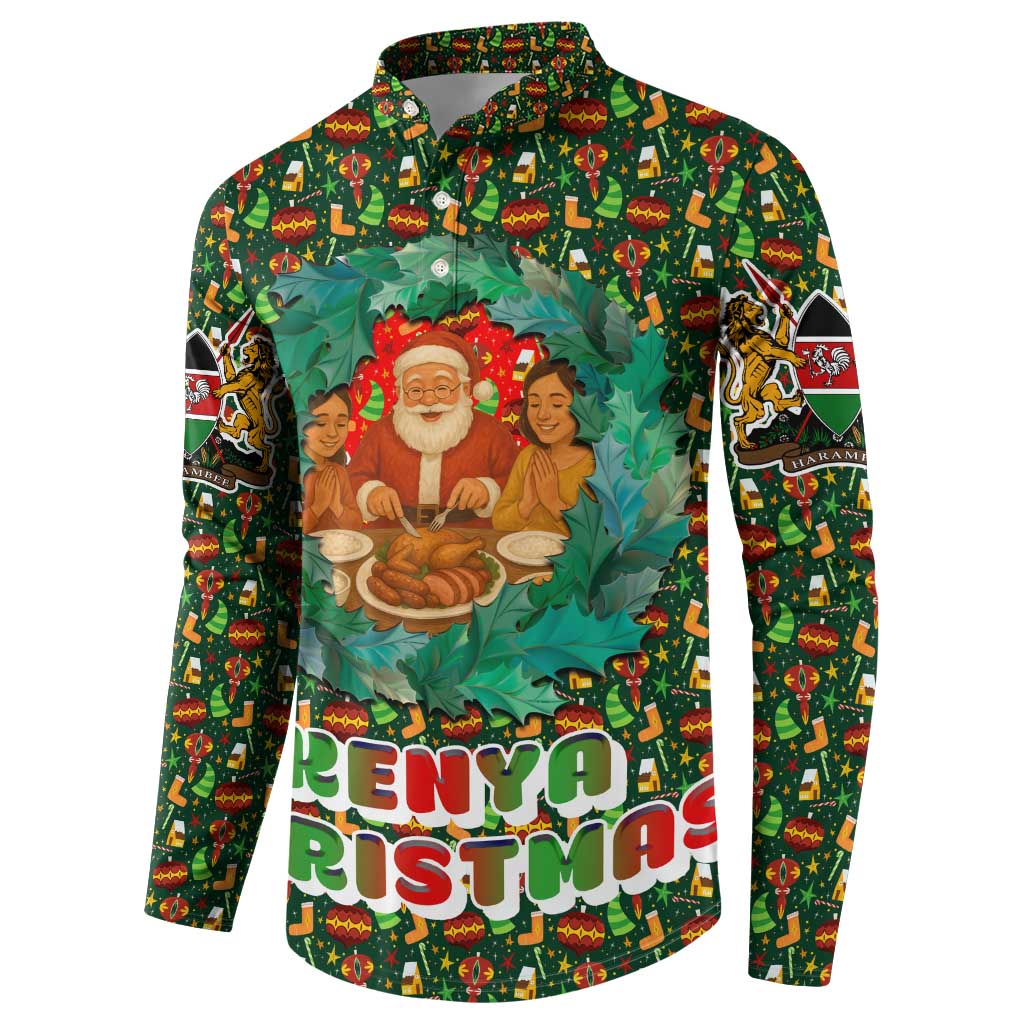 Kenya Christmas Button Sweatshirt with Santa Feast Scene and Festive Wreath Pattern - Wonder Print Shop