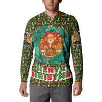 Kenya Christmas Button Sweatshirt with Santa Feast Scene and Festive Wreath Pattern - Wonder Print Shop