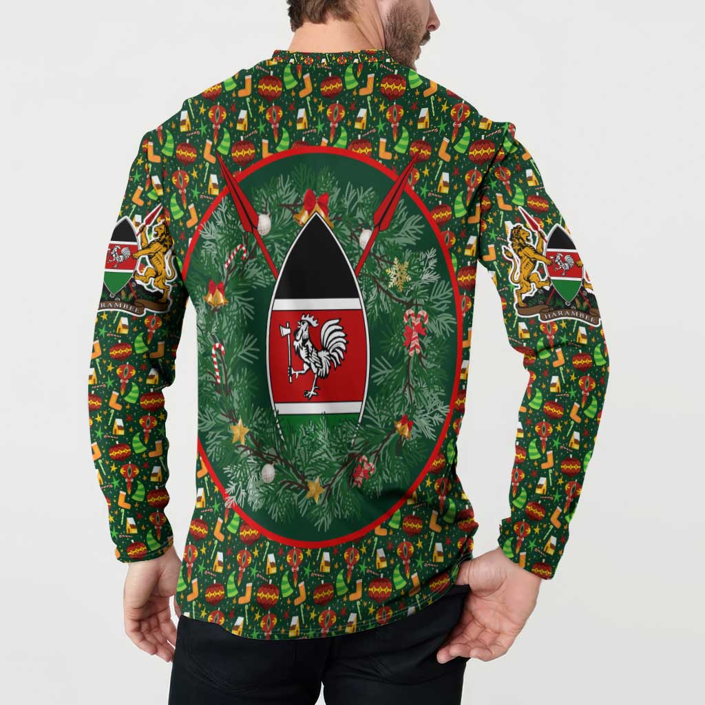 Kenya Christmas Button Sweatshirt with Santa Feast Scene and Festive Wreath Pattern - Wonder Print Shop