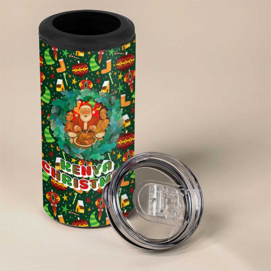 Kenya Christmas 4 in 1 Can Cooler Tumbler with Santa Feast Scene and Festive Wreath Pattern - Wonder Print Shop