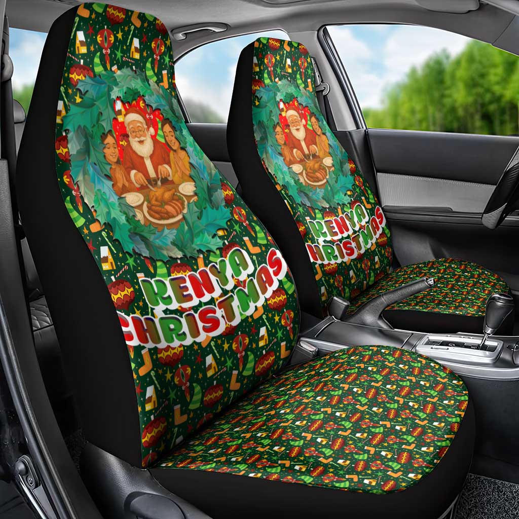 Kenya Christmas Car Seat Cover with Santa Feast Scene and Festive Wreath Pattern - Wonder Print Shop