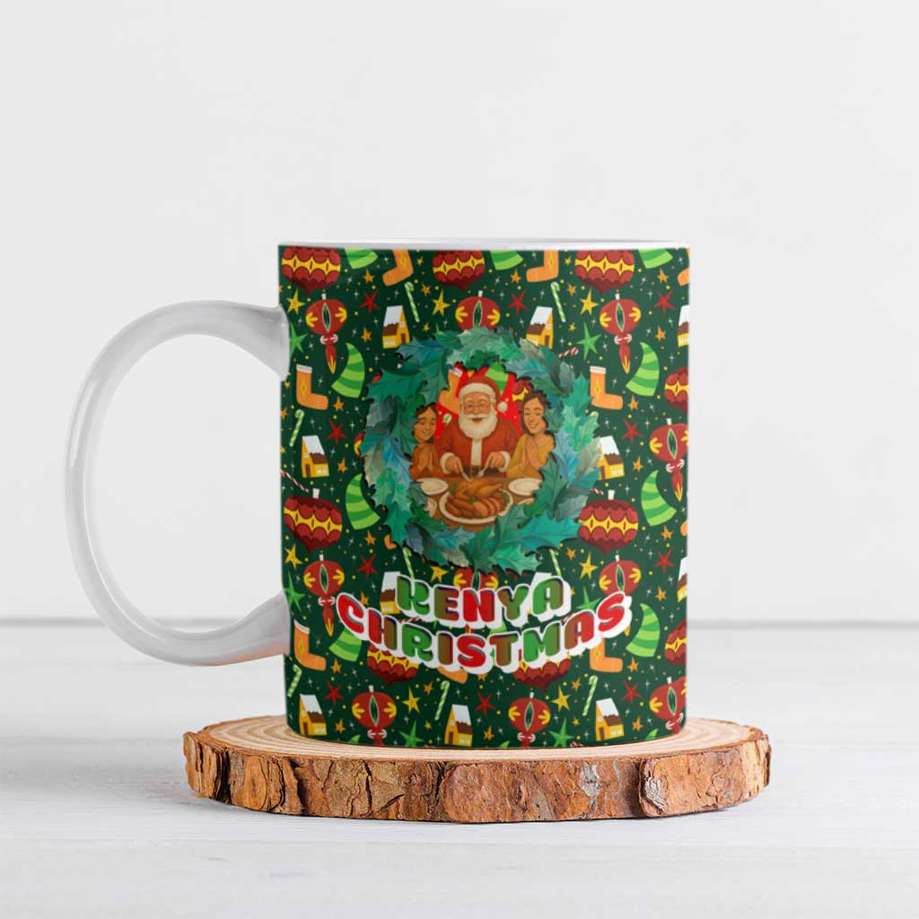 Kenya Christmas Ceramic Mug with Santa Feast Scene and Festive Wreath Pattern - Wonder Print Shop