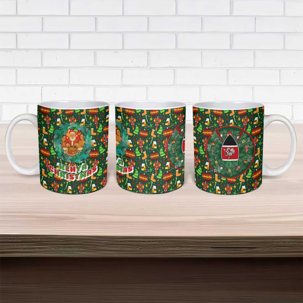 Kenya Christmas Ceramic Mug with Santa Feast Scene and Festive Wreath Pattern - Wonder Print Shop
