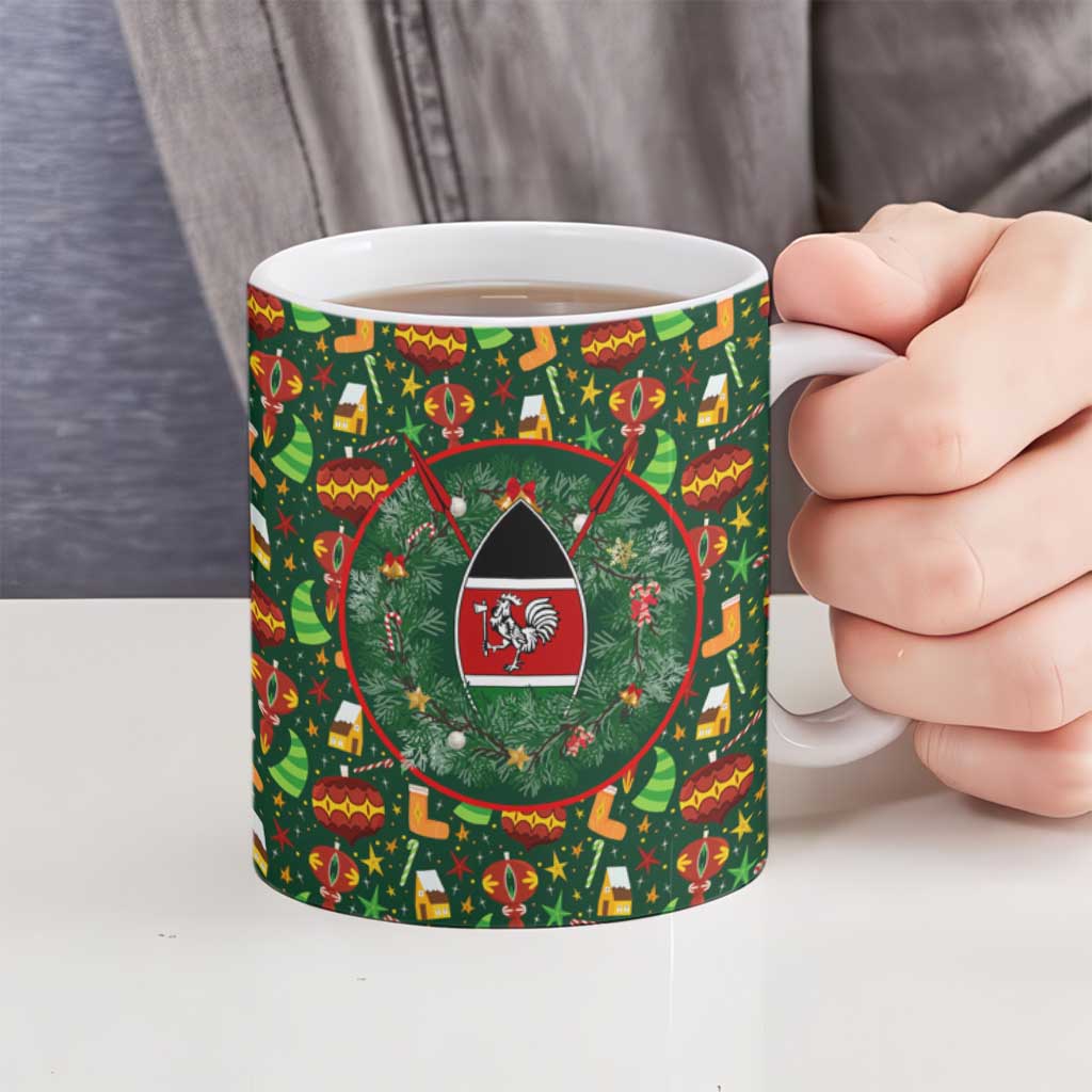 Kenya Christmas Ceramic Mug with Santa Feast Scene and Festive Wreath Pattern - Wonder Print Shop