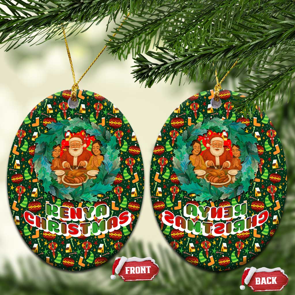 Kenya Christmas Ceramic Ornament with Santa Feast Scene and Festive Wreath Pattern - Wonder Print Shop