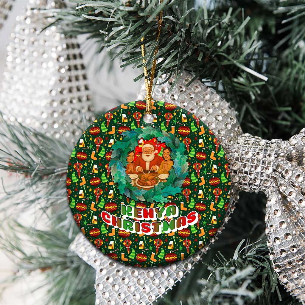 Kenya Christmas Ceramic Ornament with Santa Feast Scene and Festive Wreath Pattern - Wonder Print Shop