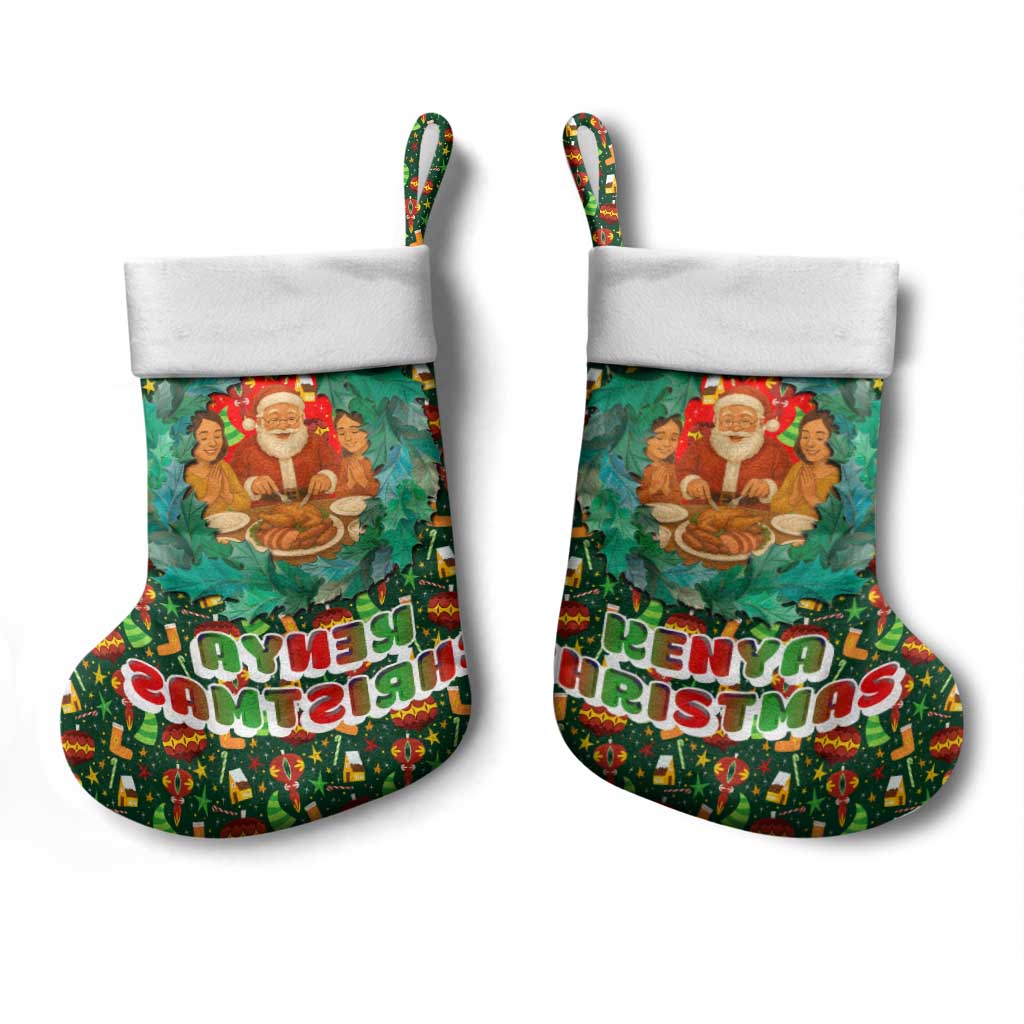 Kenya Christmas Stocking with Santa Feast Scene and Festive Wreath Pattern - Wonder Print Shop