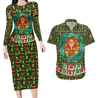 Kenya Christmas Couples Matching Long Sleeve Bodycon Dress and Hawaiian Shirt with Santa Feast Scene and Festive Wreath Pattern - Wonder Print Shop