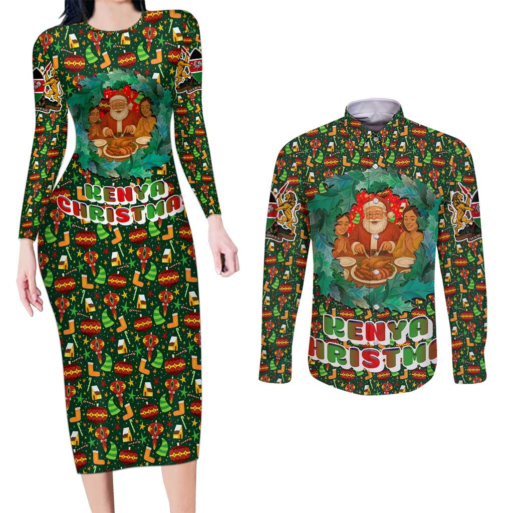 Kenya Christmas Couples Matching Long Sleeve Bodycon Dress and Long Sleeve Button Shirt with Santa Feast Scene and Festive Wreath Pattern - Wonder Print Shop