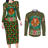 Kenya Christmas Couples Matching Long Sleeve Bodycon Dress and Long Sleeve Button Shirt with Santa Feast Scene and Festive Wreath Pattern - Wonder Print Shop