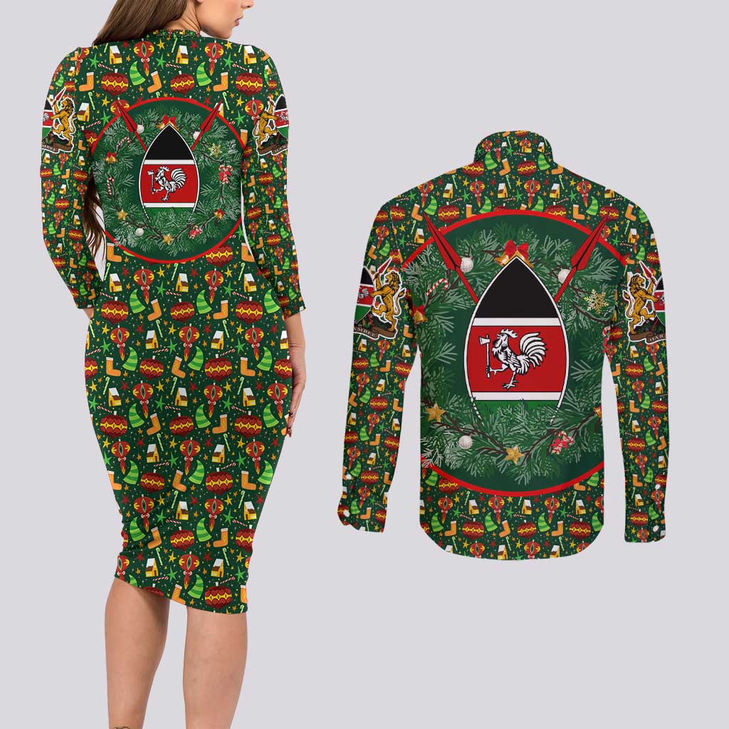 Kenya Christmas Couples Matching Long Sleeve Bodycon Dress and Long Sleeve Button Shirt with Santa Feast Scene and Festive Wreath Pattern - Wonder Print Shop