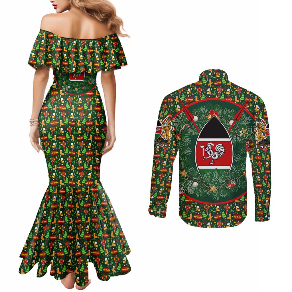 Kenya Christmas Couples Matching Mermaid Dress and Long Sleeve Button Shirt with Santa Feast Scene and Festive Wreath Pattern - Wonder Print Shop