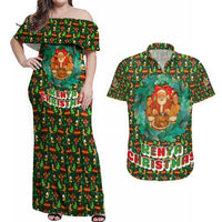 Kenya Christmas Couples Matching Off Shoulder Maxi Dress and Hawaiian Shirt with Santa Feast Scene and Festive Wreath Pattern - Wonder Print Shop