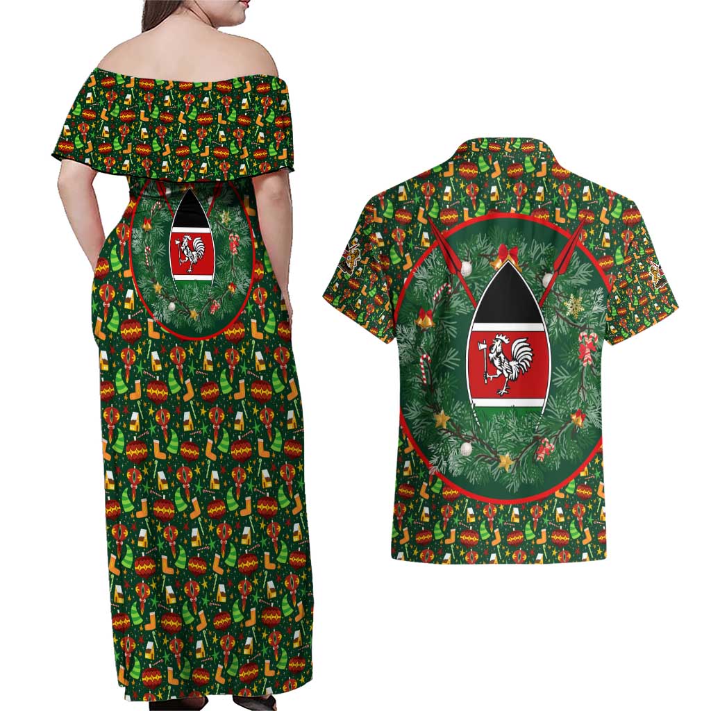 Kenya Christmas Couples Matching Off Shoulder Maxi Dress and Hawaiian Shirt with Santa Feast Scene and Festive Wreath Pattern - Wonder Print Shop