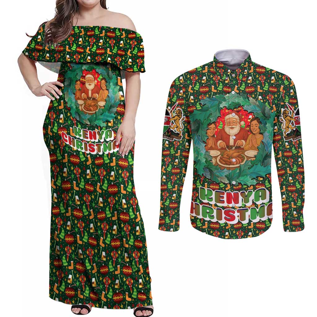 Kenya Christmas Couples Matching Off Shoulder Maxi Dress and Long Sleeve Button Shirt with Santa Feast Scene and Festive Wreath Pattern - Wonder Print Shop