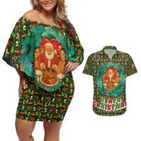 Kenya Christmas Couples Matching Off Shoulder Short Dress and Hawaiian Shirt with Santa Feast Scene and Festive Wreath Pattern - Wonder Print Shop