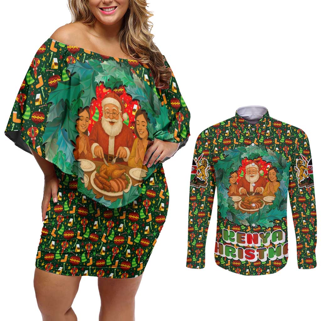 Kenya Christmas Couples Matching Off Shoulder Short Dress and Long Sleeve Button Shirt with Santa Feast Scene and Festive Wreath Pattern - Wonder Print Shop