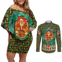 Kenya Christmas Couples Matching Off Shoulder Short Dress and Long Sleeve Button Shirt with Santa Feast Scene and Festive Wreath Pattern - Wonder Print Shop