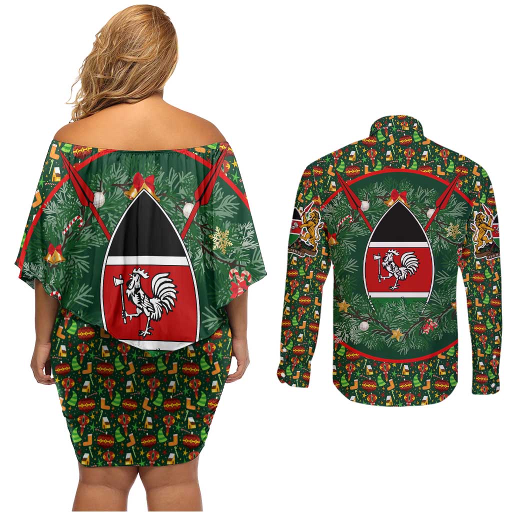 Kenya Christmas Couples Matching Off Shoulder Short Dress and Long Sleeve Button Shirt with Santa Feast Scene and Festive Wreath Pattern - Wonder Print Shop