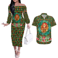 Kenya Christmas Couples Matching Off The Shoulder Long Sleeve Dress and Hawaiian Shirt with Santa Feast Scene and Festive Wreath Pattern - Wonder Print Shop