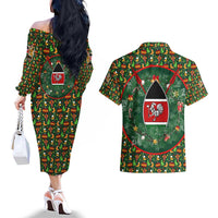 Kenya Christmas Couples Matching Off The Shoulder Long Sleeve Dress and Hawaiian Shirt with Santa Feast Scene and Festive Wreath Pattern - Wonder Print Shop