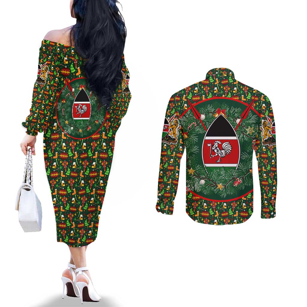 Kenya Christmas Couples Matching Off The Shoulder Long Sleeve Dress and Long Sleeve Button Shirt with Santa Feast Scene and Festive Wreath Pattern - Wonder Print Shop