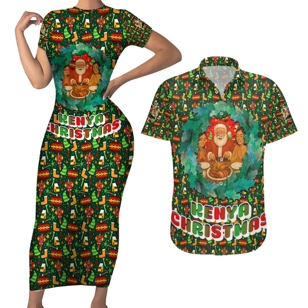 Kenya Christmas Couples Matching Short Sleeve Bodycon Dress and Hawaiian Shirt with Santa Feast Scene and Festive Wreath Pattern - Wonder Print Shop