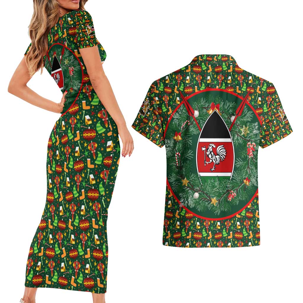 Kenya Christmas Couples Matching Short Sleeve Bodycon Dress and Hawaiian Shirt with Santa Feast Scene and Festive Wreath Pattern - Wonder Print Shop