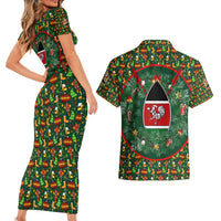 Kenya Christmas Couples Matching Short Sleeve Bodycon Dress and Hawaiian Shirt with Santa Feast Scene and Festive Wreath Pattern - Wonder Print Shop