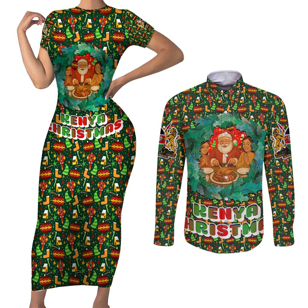 Kenya Christmas Couples Matching Short Sleeve Bodycon Dress and Long Sleeve Button Shirt with Santa Feast Scene and Festive Wreath Pattern - Wonder Print Shop