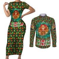 Kenya Christmas Couples Matching Short Sleeve Bodycon Dress and Long Sleeve Button Shirt with Santa Feast Scene and Festive Wreath Pattern - Wonder Print Shop