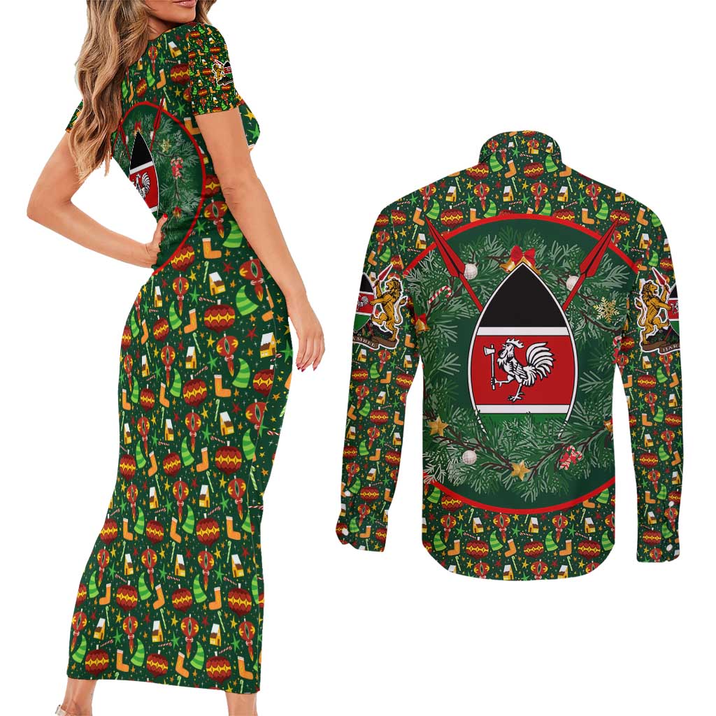Kenya Christmas Couples Matching Short Sleeve Bodycon Dress and Long Sleeve Button Shirt with Santa Feast Scene and Festive Wreath Pattern - Wonder Print Shop