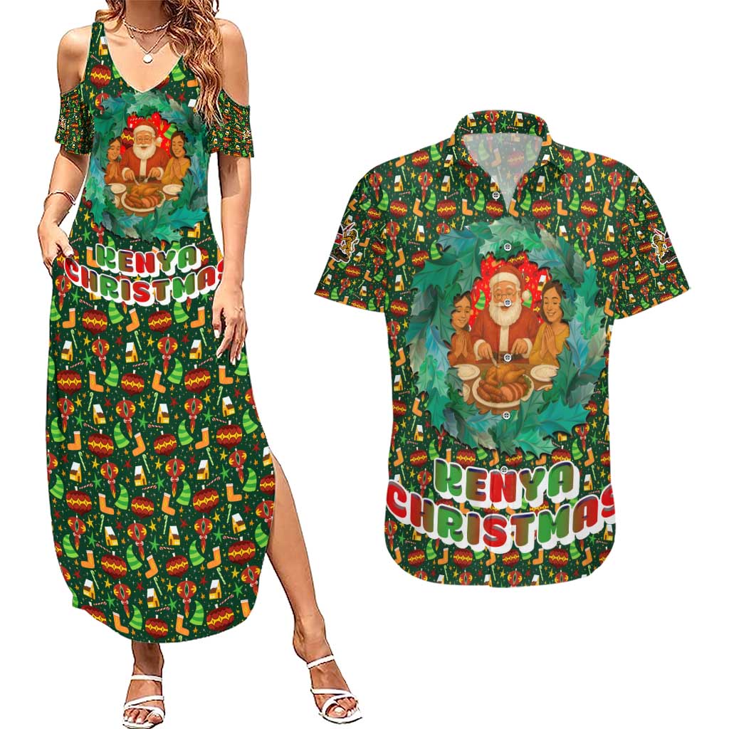 Kenya Christmas Couples Matching Summer Maxi Dress and Hawaiian Shirt with Santa Feast Scene and Festive Wreath Pattern - Wonder Print Shop