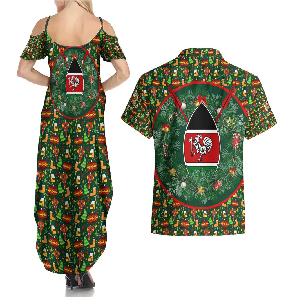 Kenya Christmas Couples Matching Summer Maxi Dress and Hawaiian Shirt with Santa Feast Scene and Festive Wreath Pattern - Wonder Print Shop
