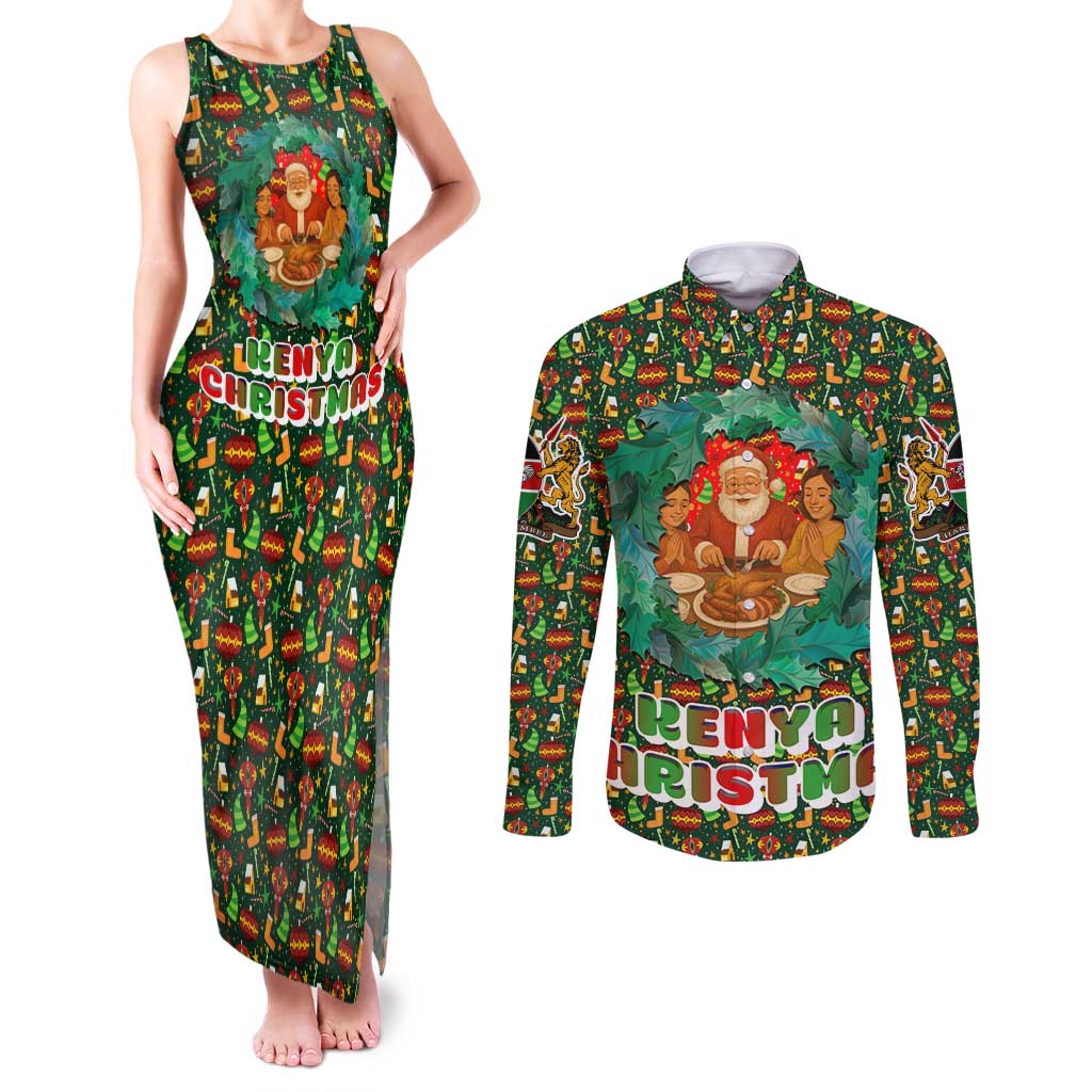 Kenya Christmas Couples Matching Tank Maxi Dress and Long Sleeve Button Shirt with Santa Feast Scene and Festive Wreath Pattern - Wonder Print Shop