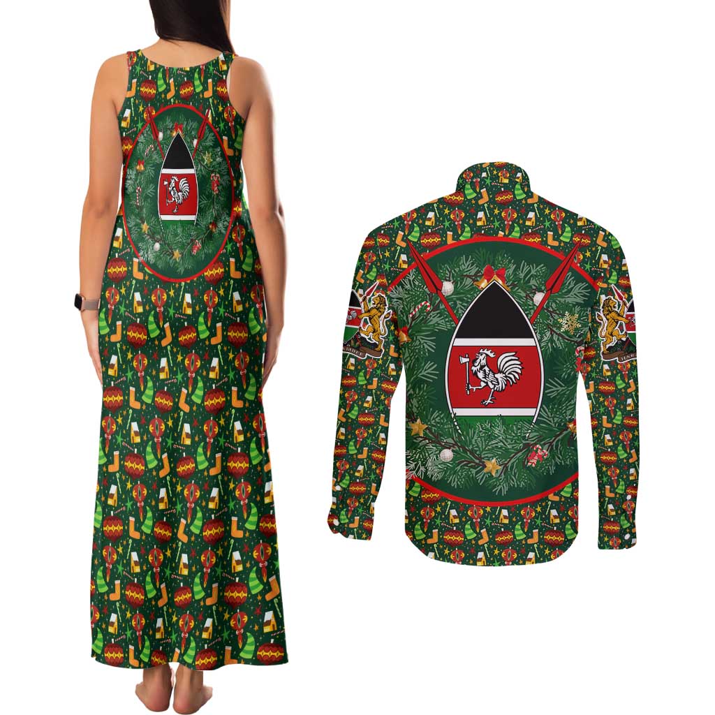 Kenya Christmas Couples Matching Tank Maxi Dress and Long Sleeve Button Shirt with Santa Feast Scene and Festive Wreath Pattern - Wonder Print Shop
