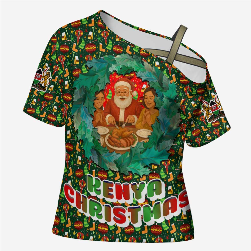 Kenya Christmas Cross Shoulder Shirt with Santa Feast Scene and Festive Wreath Pattern - Wonder Print Shop