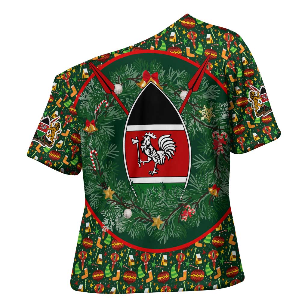 Kenya Christmas Cross Shoulder Shirt with Santa Feast Scene and Festive Wreath Pattern - Wonder Print Shop