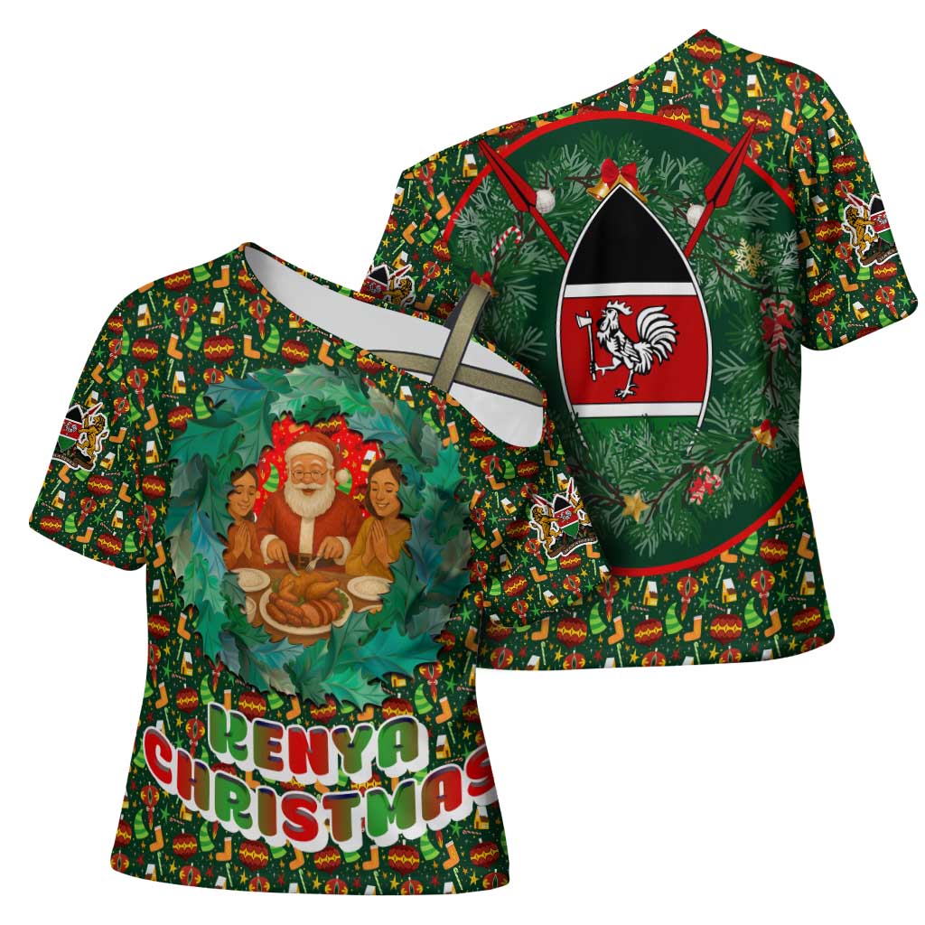 Kenya Christmas Cross Shoulder Shirt with Santa Feast Scene and Festive Wreath Pattern - Wonder Print Shop