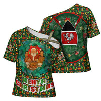 Kenya Christmas Cross Shoulder Shirt with Santa Feast Scene and Festive Wreath Pattern - Wonder Print Shop