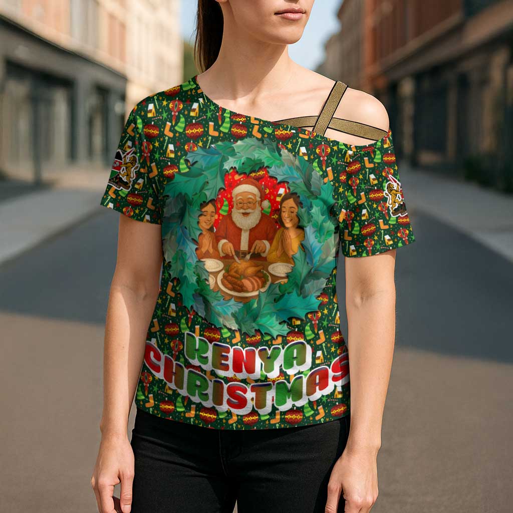Kenya Christmas Cross Shoulder Shirt with Santa Feast Scene and Festive Wreath Pattern - Wonder Print Shop