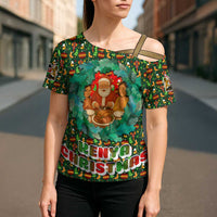 Kenya Christmas Cross Shoulder Shirt with Santa Feast Scene and Festive Wreath Pattern - Wonder Print Shop