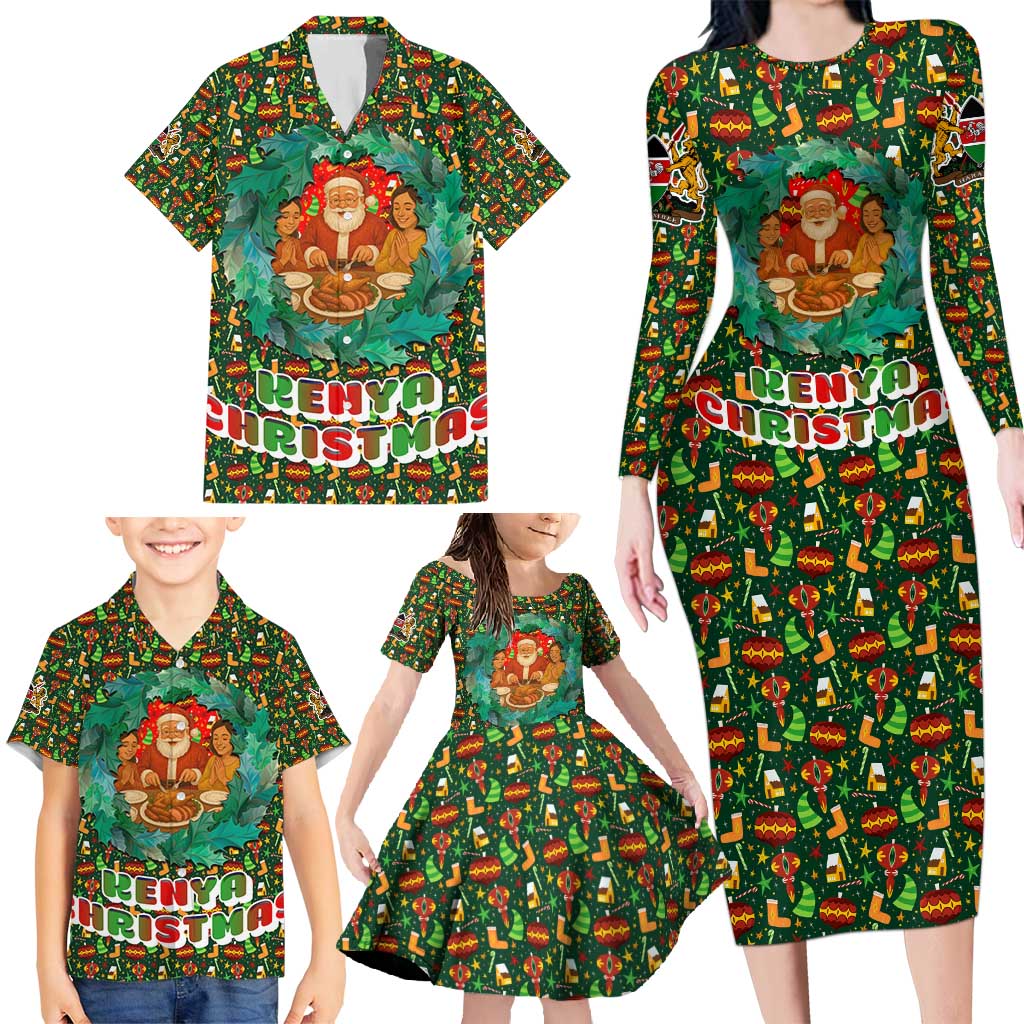 Kenya Christmas Family Matching Long Sleeve Bodycon Dress and Hawaiian Shirt with Santa Feast Scene and Festive Wreath Pattern - Wonder Print Shop