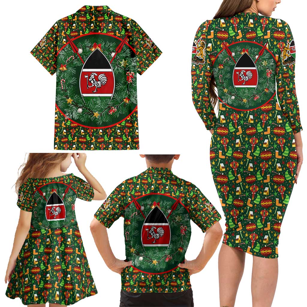 Kenya Christmas Family Matching Long Sleeve Bodycon Dress and Hawaiian Shirt with Santa Feast Scene and Festive Wreath Pattern - Wonder Print Shop