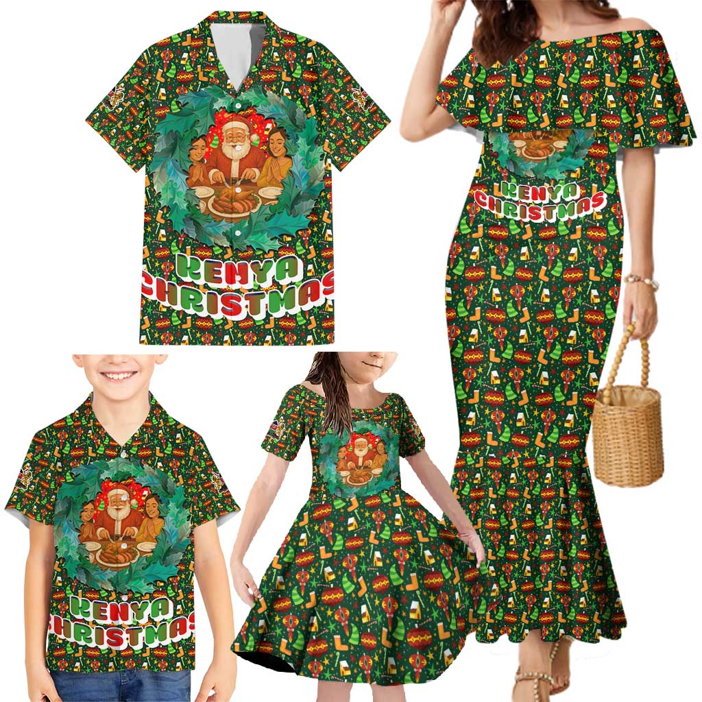 Kenya Christmas Family Matching Mermaid Dress and Hawaiian Shirt with Santa Feast Scene and Festive Wreath Pattern - Wonder Print Shop