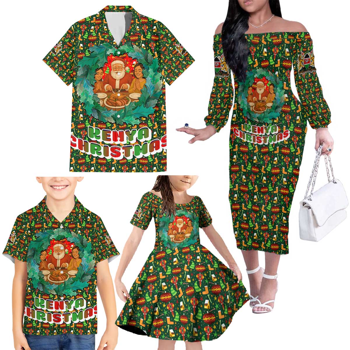 Kenya Christmas Family Matching Off The Shoulder Long Sleeve Dress and Hawaiian Shirt with Santa Feast Scene and Festive Wreath Pattern - Wonder Print Shop